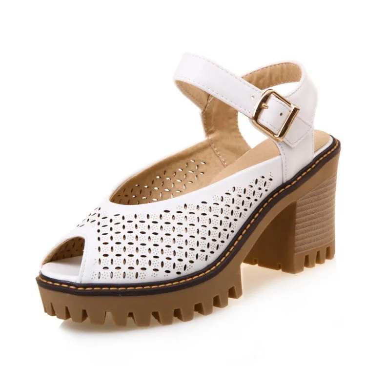 Women's's Peep Toe Hollow Out Chunky Heel Platform Sandals