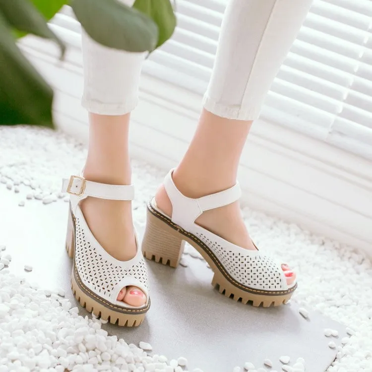Women's's Peep Toe Hollow Out Chunky Heel Platform Sandals