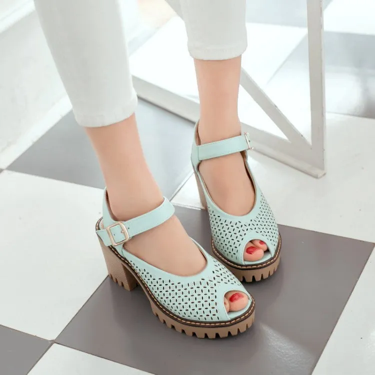 Women's's Peep Toe Hollow Out Chunky Heel Platform Sandals