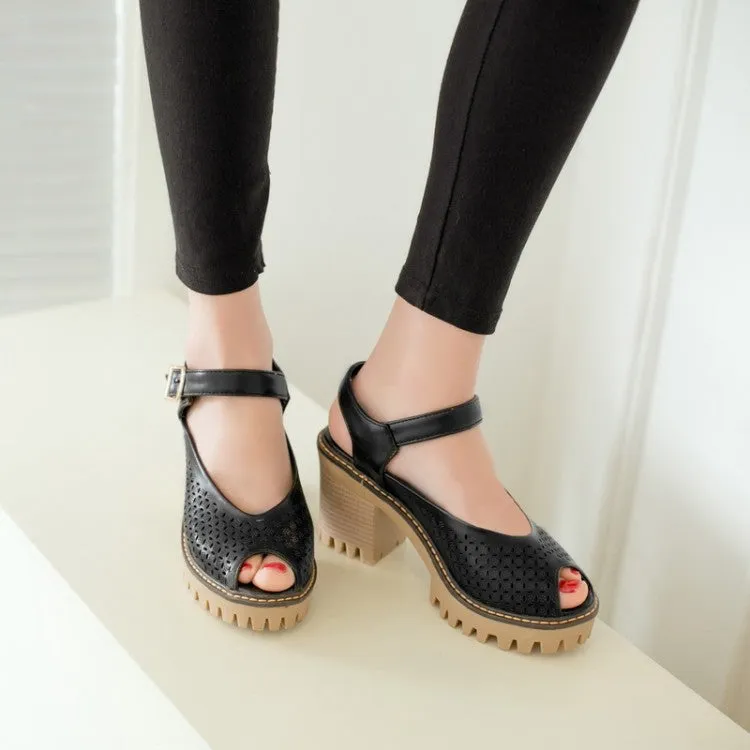 Women's's Peep Toe Hollow Out Chunky Heel Platform Sandals