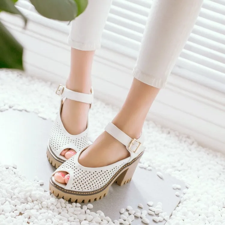 Women's's Peep Toe Hollow Out Chunky Heel Platform Sandals