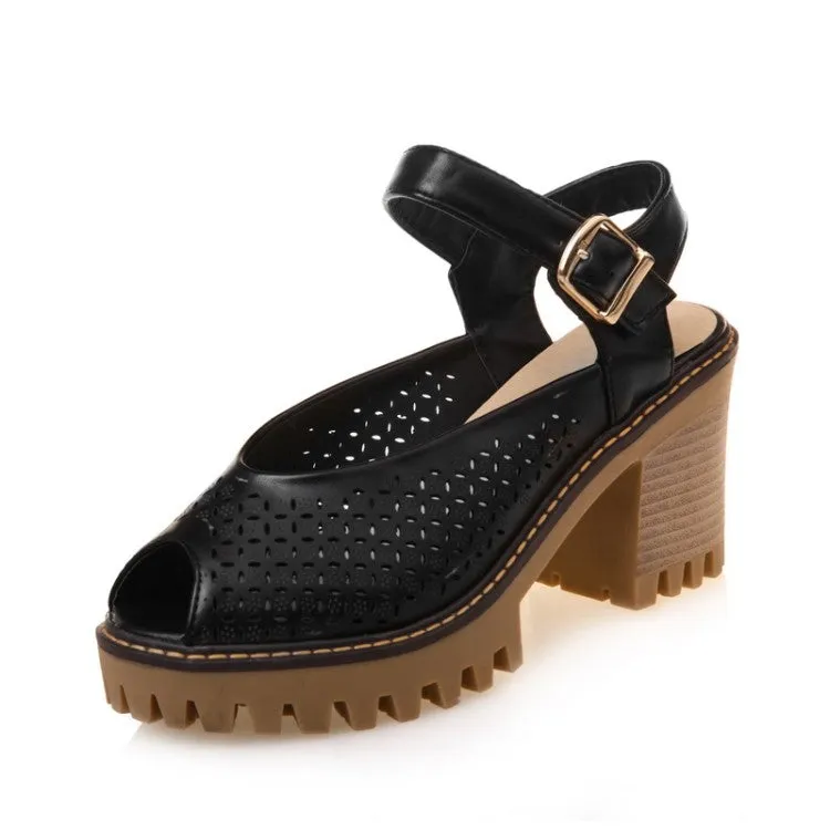 Women's's Peep Toe Hollow Out Chunky Heel Platform Sandals
