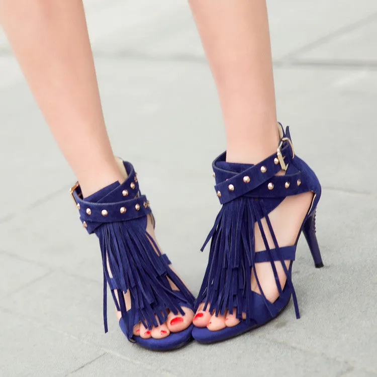 Women's's Tassel Rivets Peep Toe Stiletto Heels Sandals