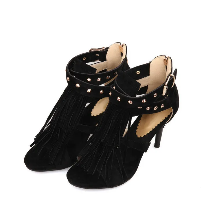 Women's's Tassel Rivets Peep Toe Stiletto Heels Sandals
