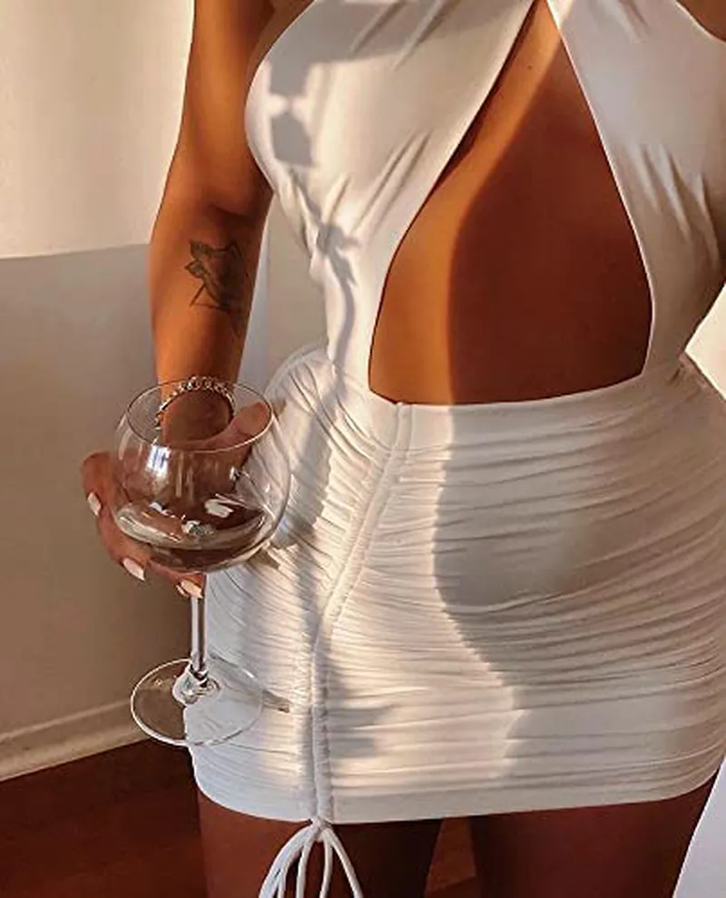 XLLAIS Women Sexy Club Dress Halter Criss Cross Ruched Sleeveless Mini Bodycon Dresses Beachwear