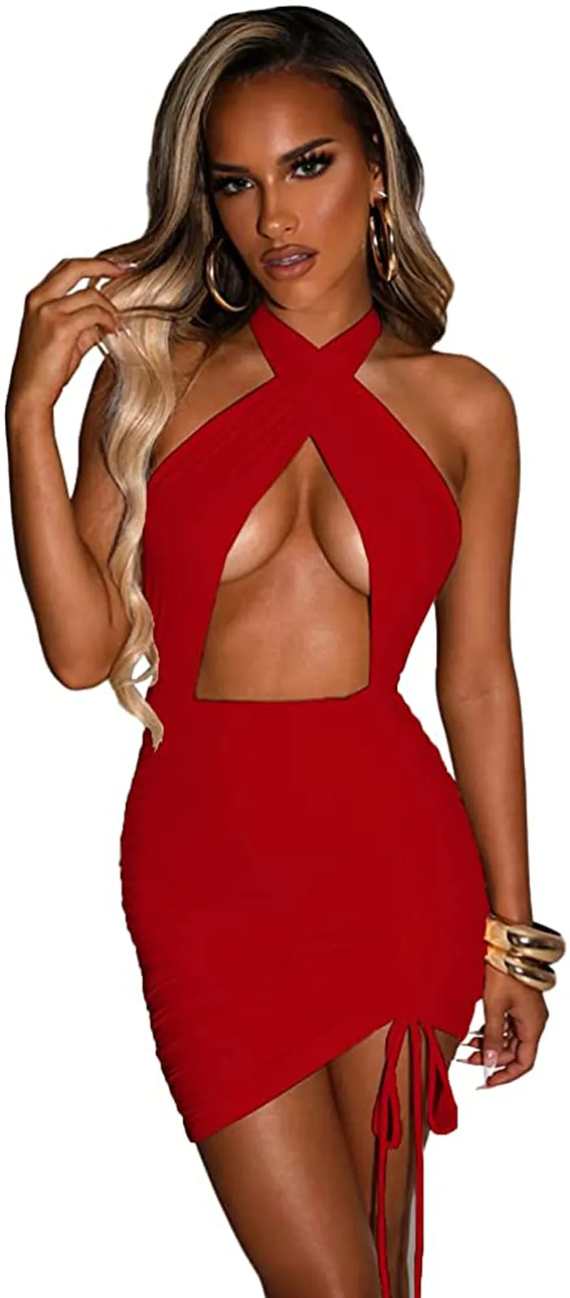 XLLAIS Women Sexy Club Dress Halter Criss Cross Ruched Sleeveless Mini Bodycon Dresses Beachwear