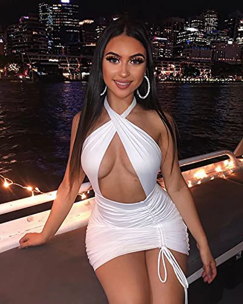 XLLAIS Women Sexy Club Dress Halter Criss Cross Ruched Sleeveless Mini Bodycon Dresses Beachwear