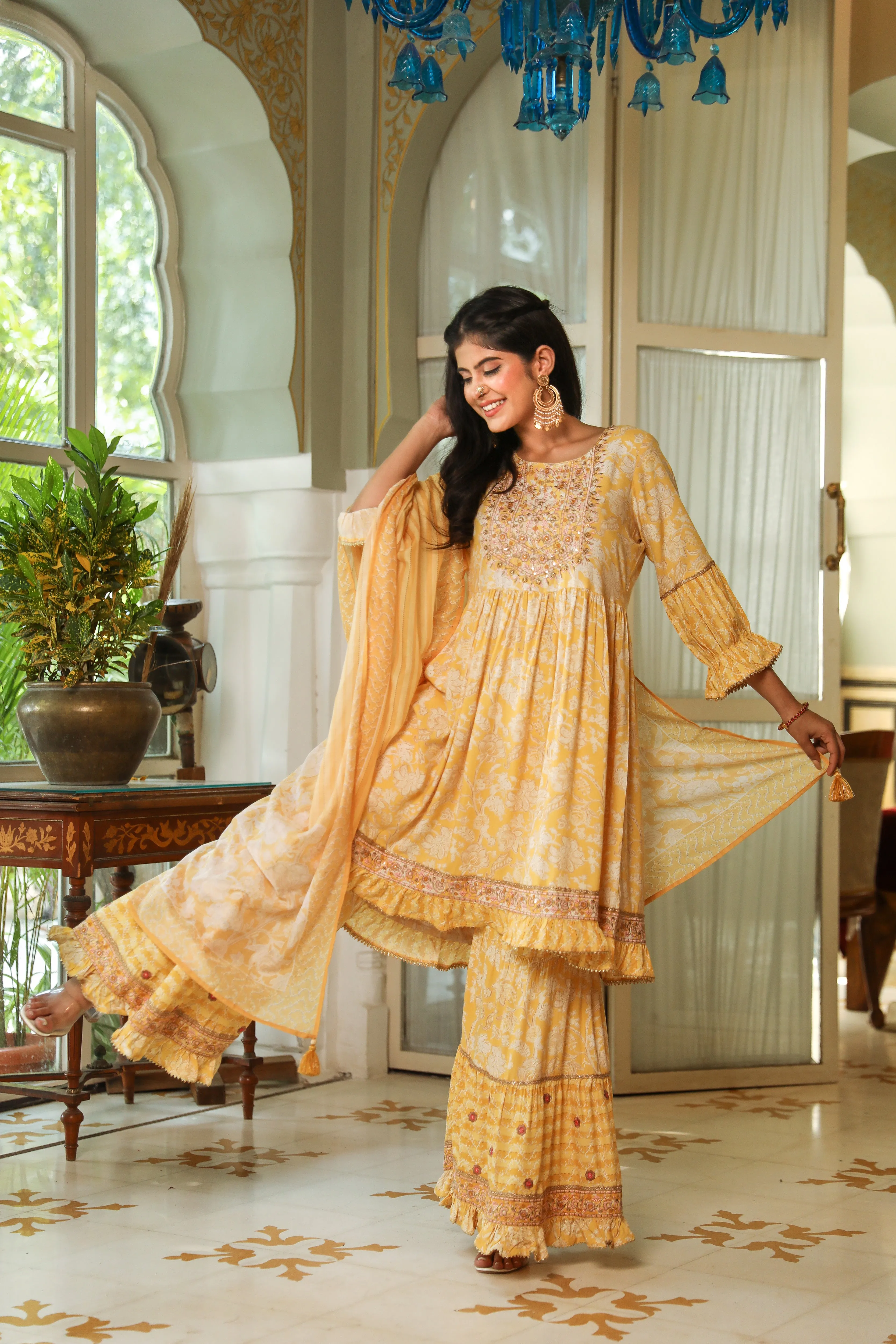Yellow Color Rayon A-Line Women's Kurta Sharara and Dupatta Set