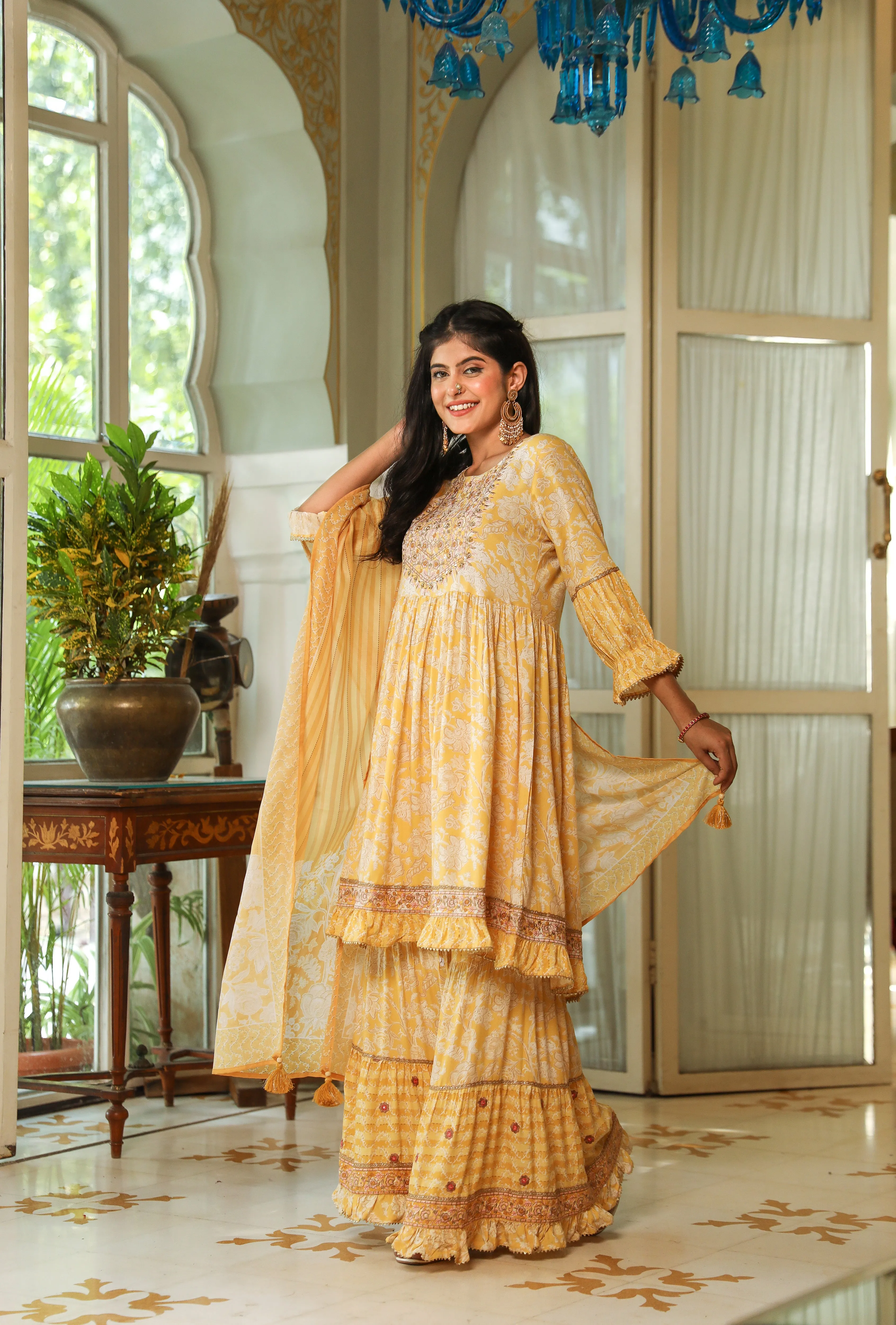Yellow Color Rayon A-Line Women's Kurta Sharara and Dupatta Set