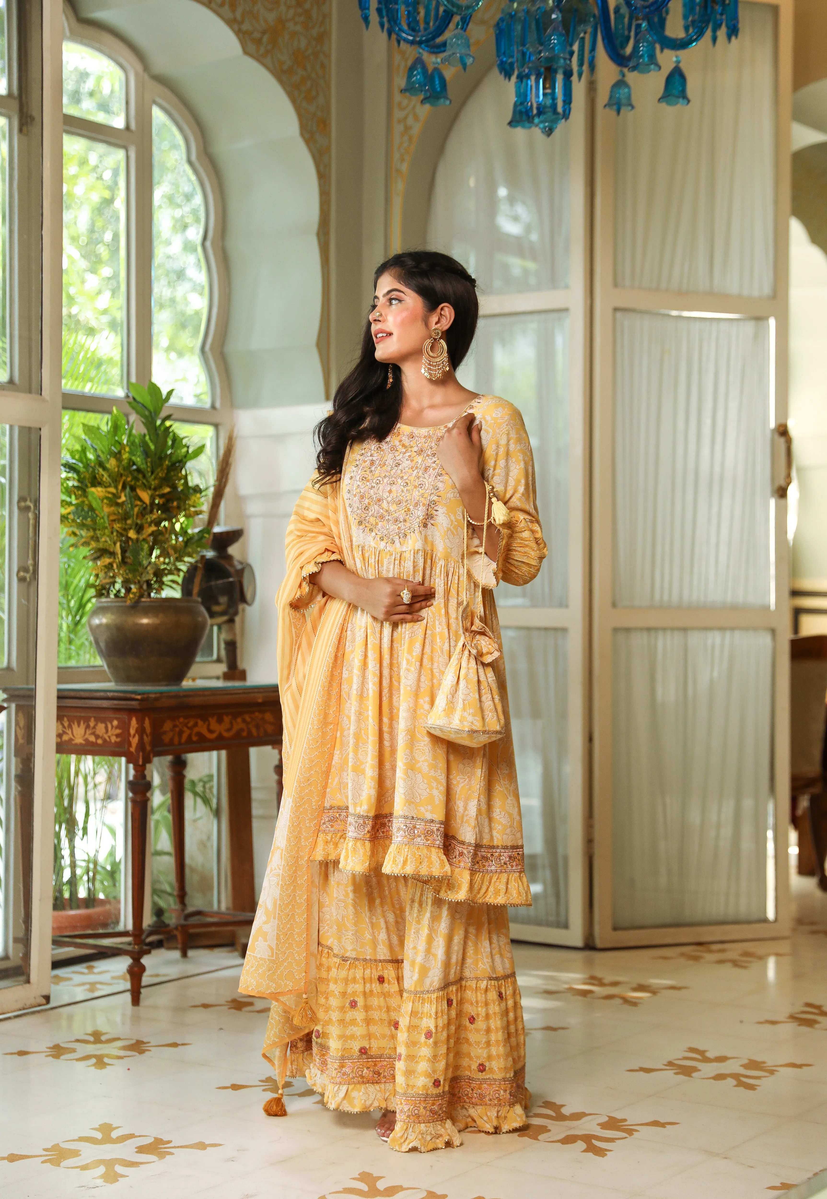 Yellow Color Rayon A-Line Women's Kurta Sharara and Dupatta Set