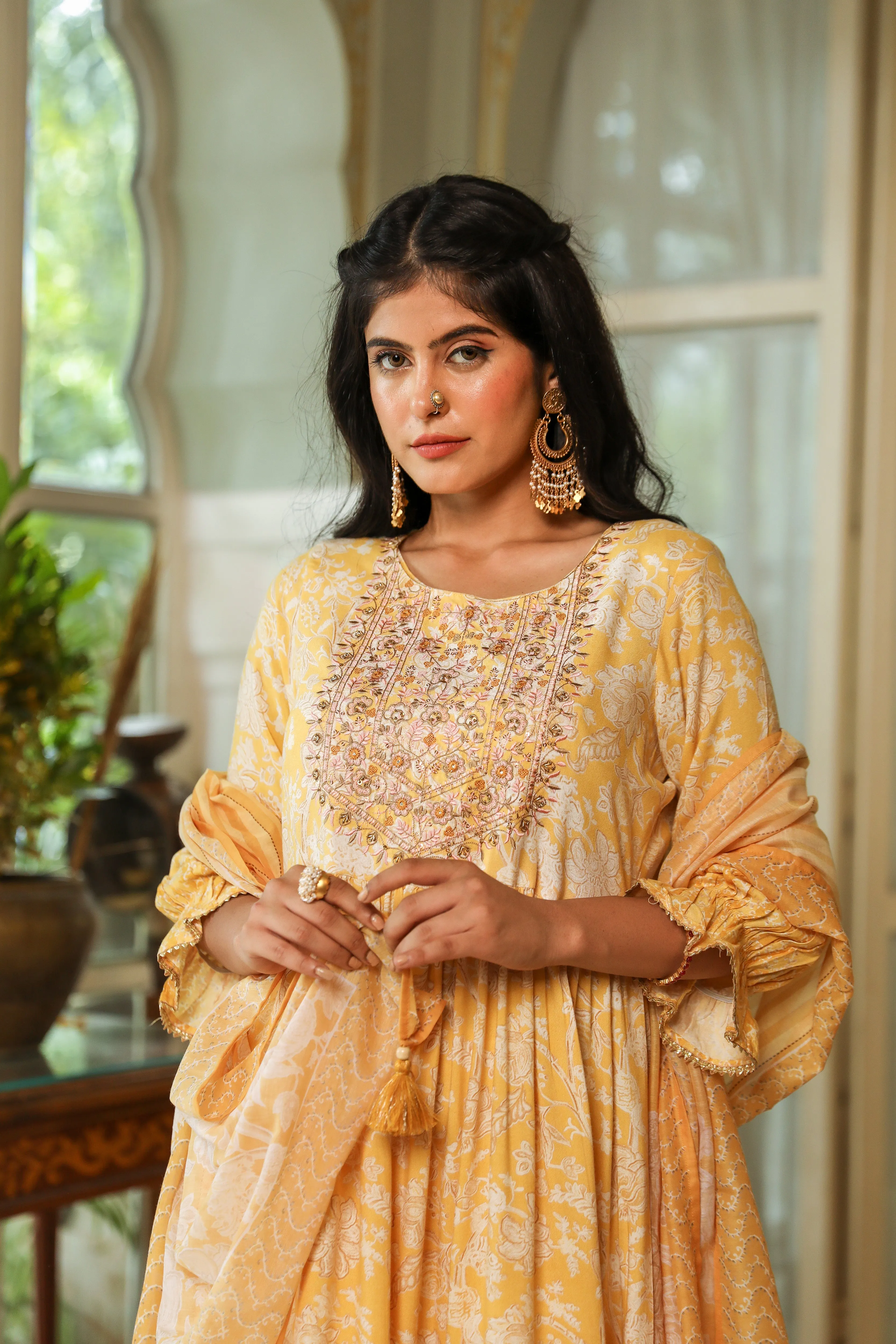 Yellow Color Rayon A-Line Women's Kurta Sharara and Dupatta Set