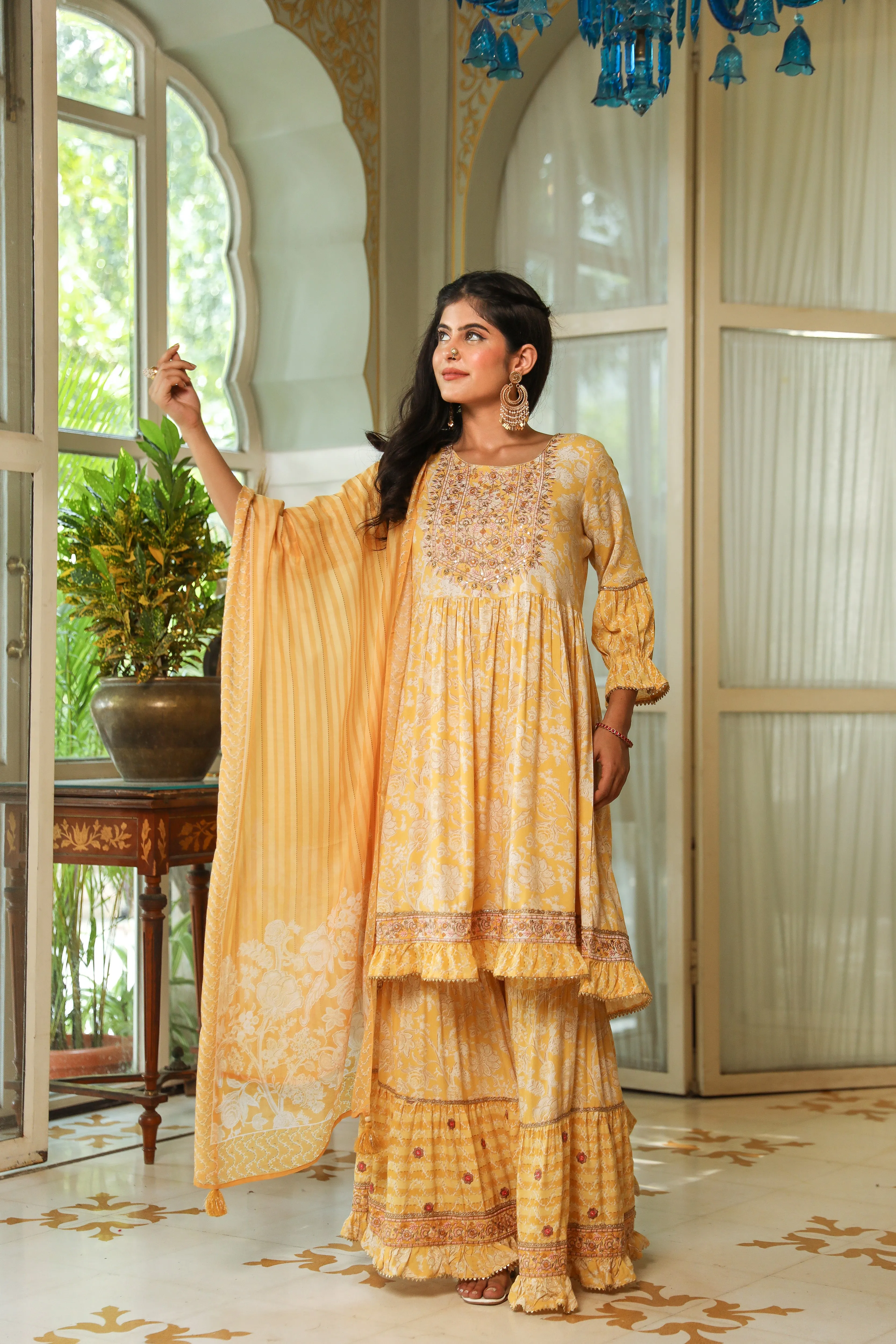 Yellow Color Rayon A-Line Women's Kurta Sharara and Dupatta Set