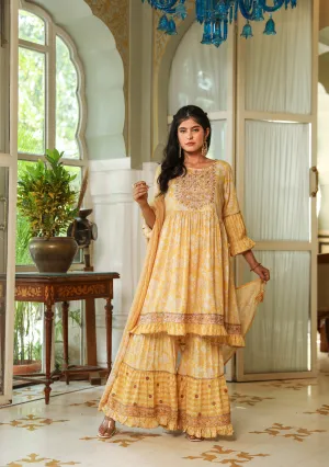 Yellow Color Rayon A-Line Women's Kurta Sharara and Dupatta Set