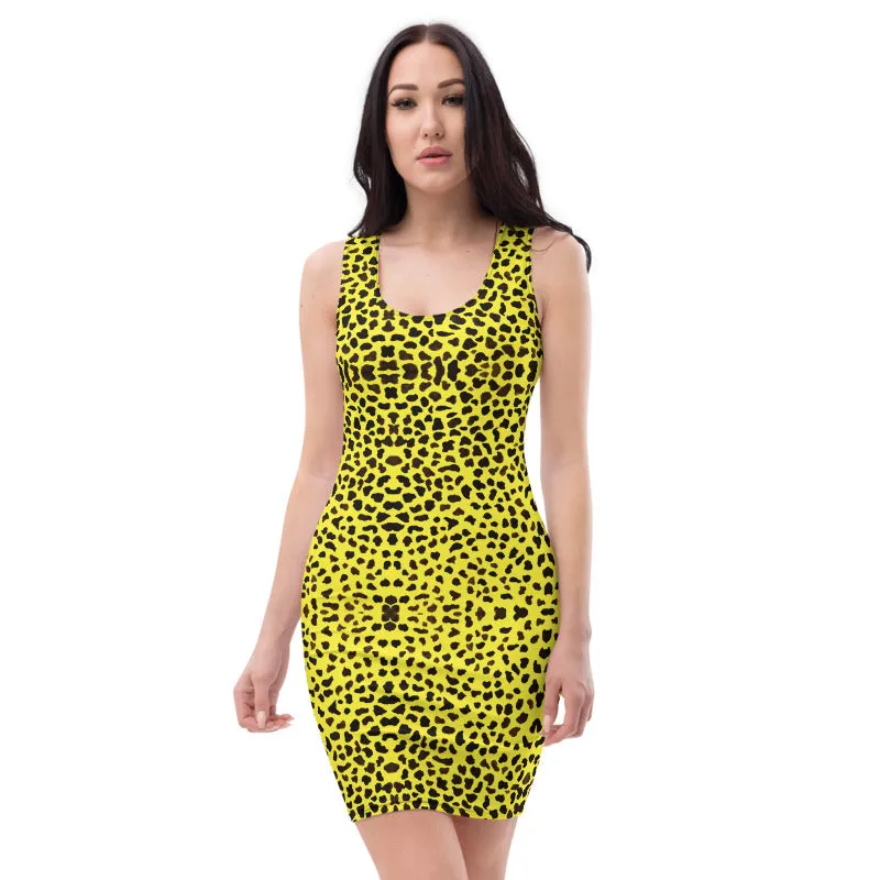 Yellow Leopard Print Dress, Women's Animal Print Designer Sleeveless Dress-Made in USA/EU