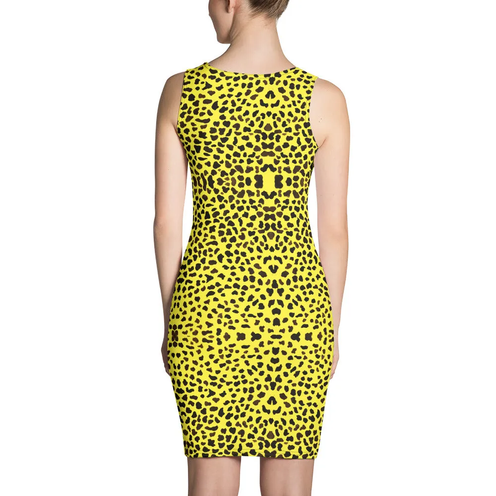 Yellow Leopard Print Dress, Women's Animal Print Designer Sleeveless Dress-Made in USA/EU