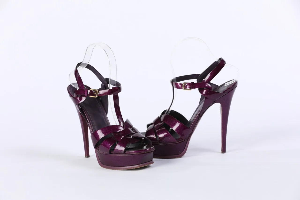 YSL Leather Glossy Purple Ankle Strap high Heel Stilettos Sandals