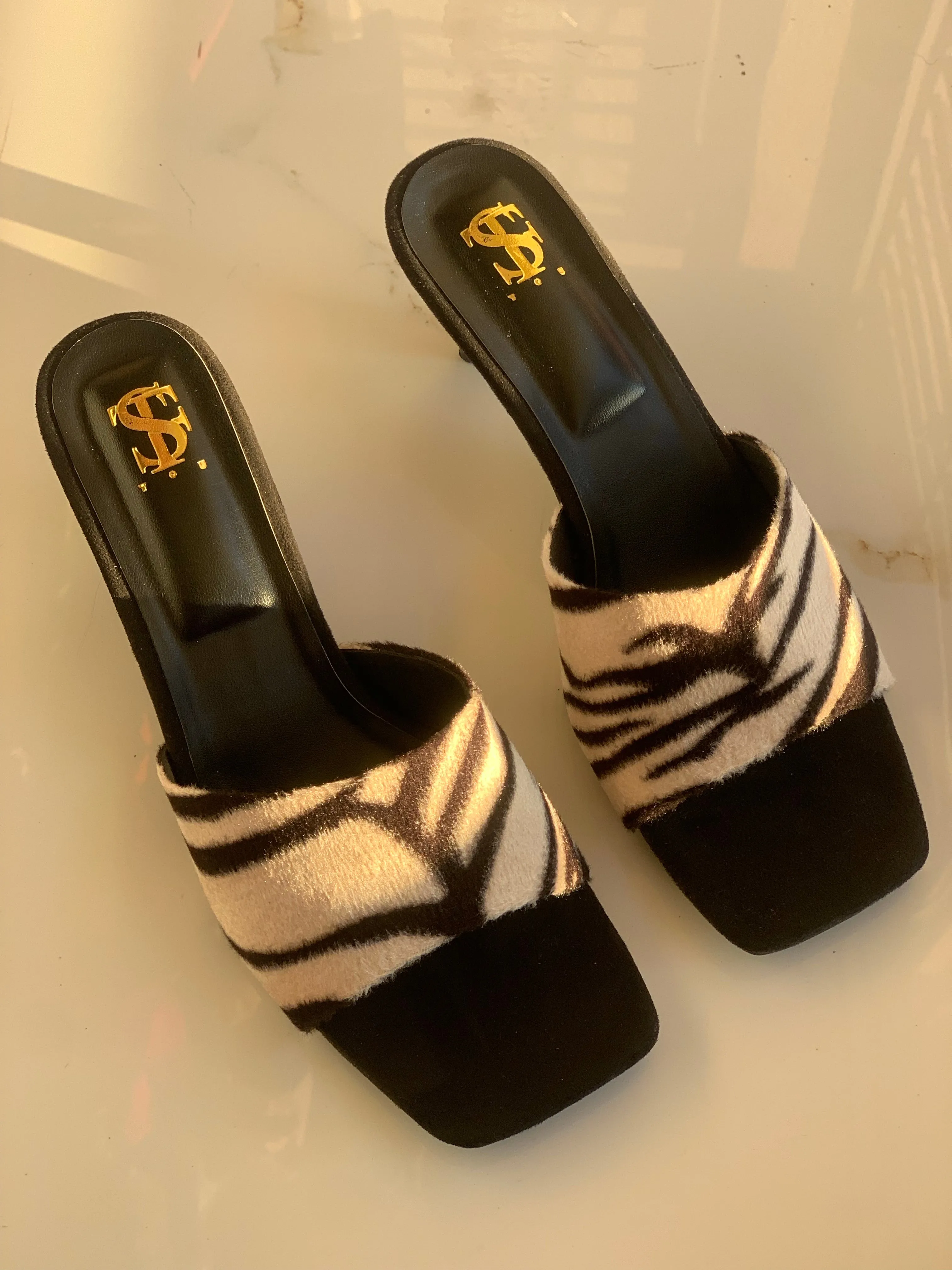 Zebra Print Kitten Mules