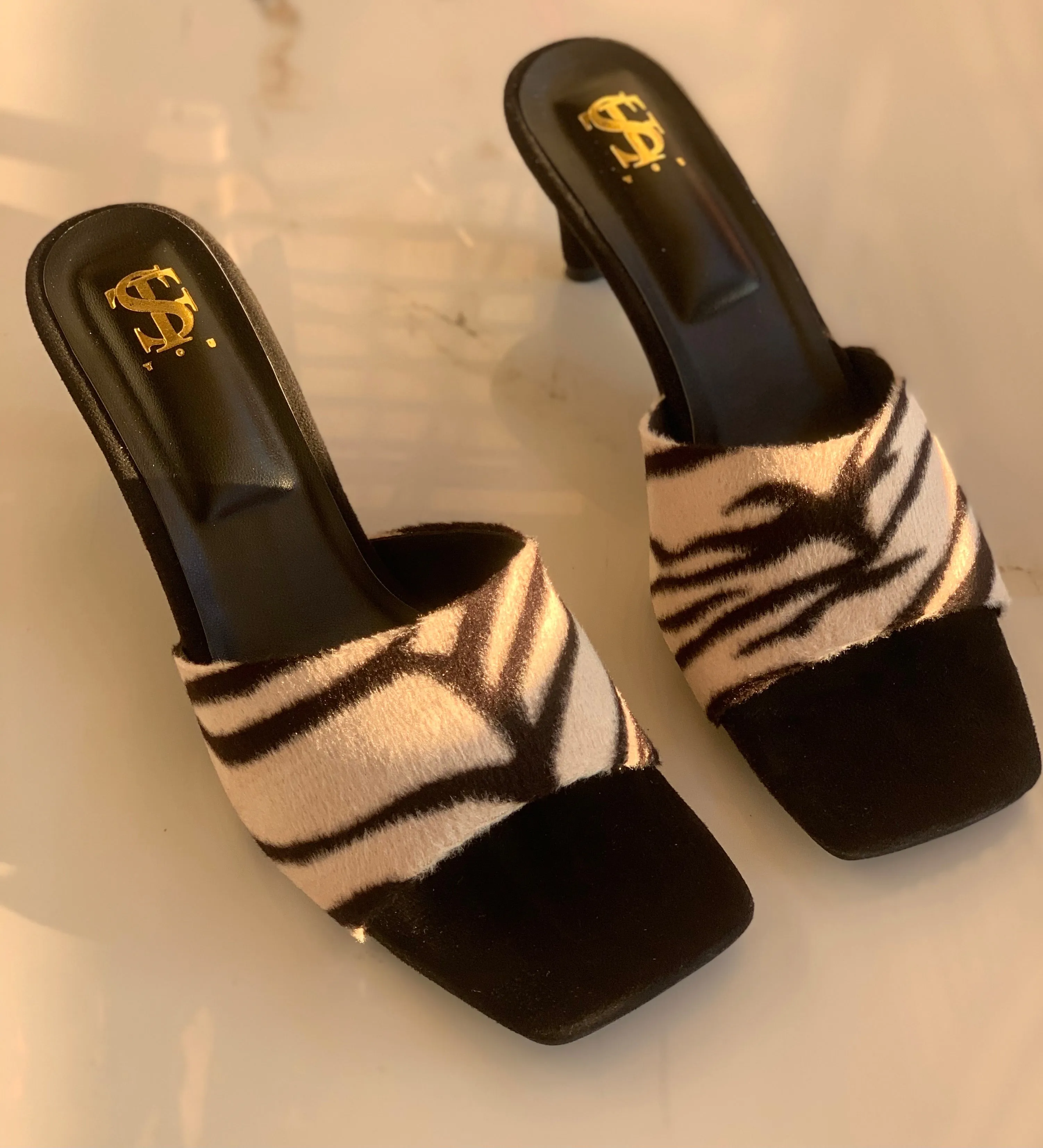Zebra Print Kitten Mules