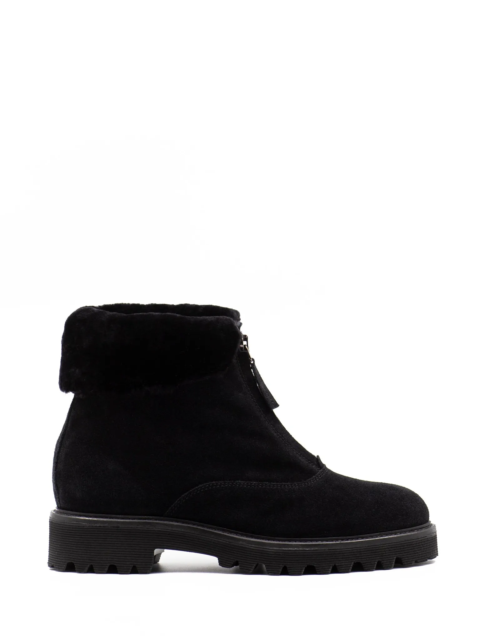 Zip-front shearling-lined boots in black suede